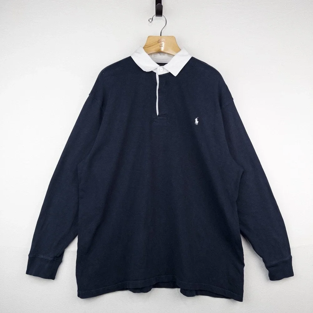 Polo Ralph Lauren Mens Long Sleeve Rugby Shirt Men's 2XB Navy Blue White Collar